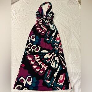 Express Vibrant Butterfly Abstract Maxi Halter dress Black, Purple, Teal, XS